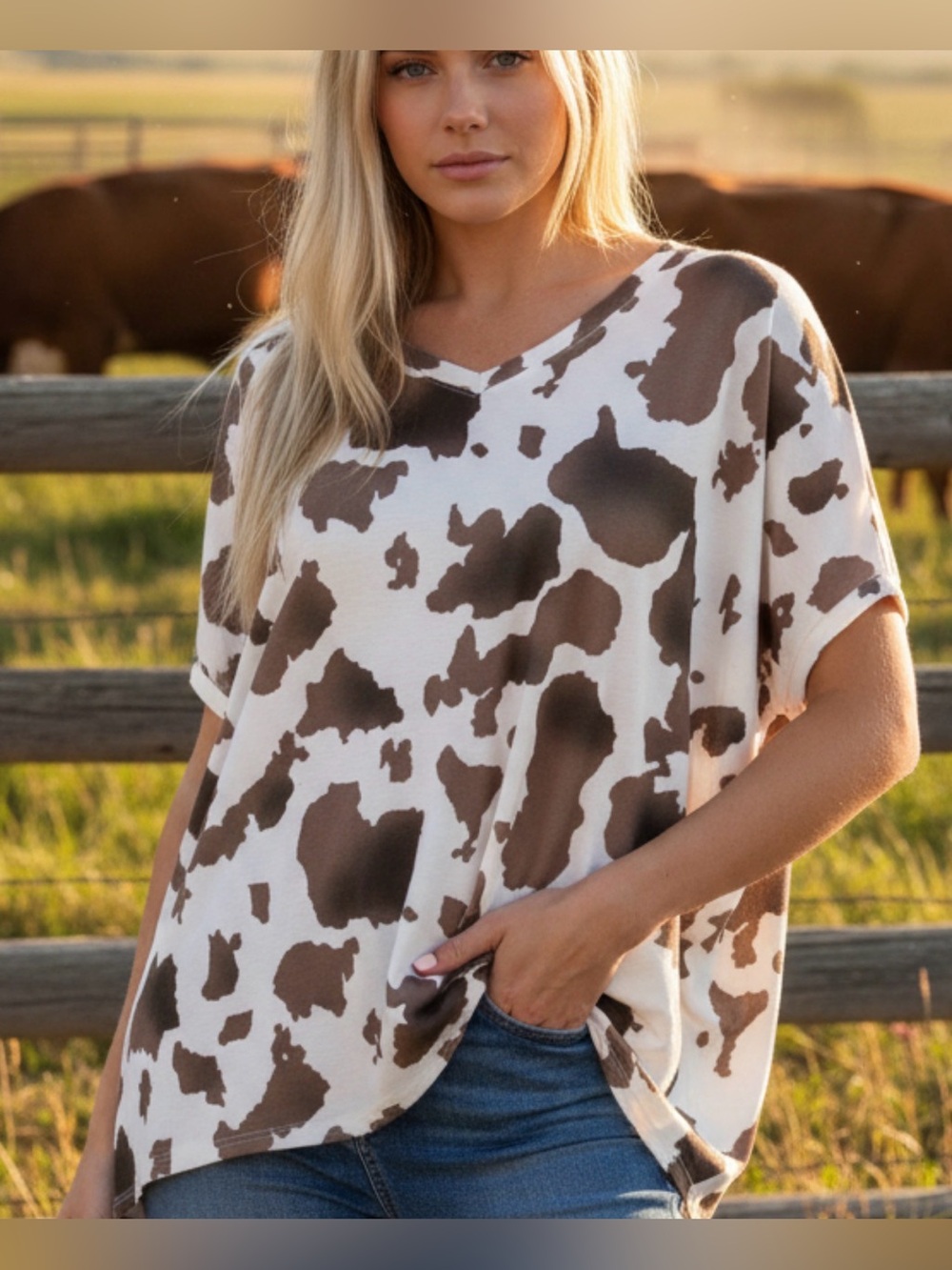 Boho Western Cow Print Oversized Top Flowy Blouse Brown White Rodeo Cowgirl Lg